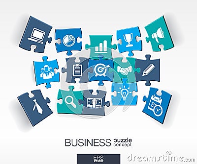 Abstract business background, connected color puzzles, integrated flat icons. 3d infographic concept with marketing research Vector Illustration
