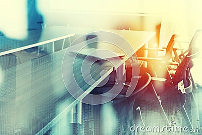 Abstract business background with meeting room. Double exposure Stock Photo