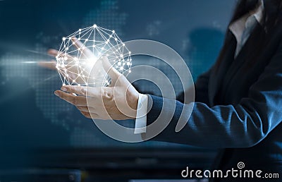 Abstract business, Business woman circle global network connection in hand Stock Photo
