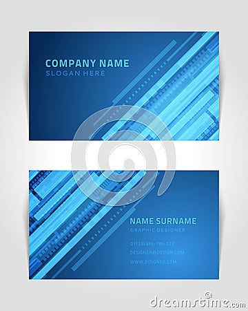 Abstract business card with linear shapes and dots vector banner. Techno blue stripes template with creative gradient Stock Photo