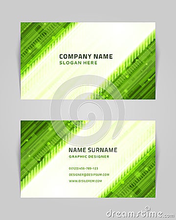 Abstract business card with linear shapes and dots vector banner. Techno green stripes template with creative gradient Vector Illustration