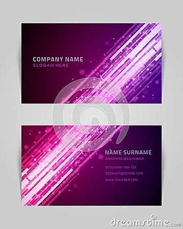 Abstract business card with linear shapes and dots vector banner. Techno purple stripes template with creative gradient Vector Illustration