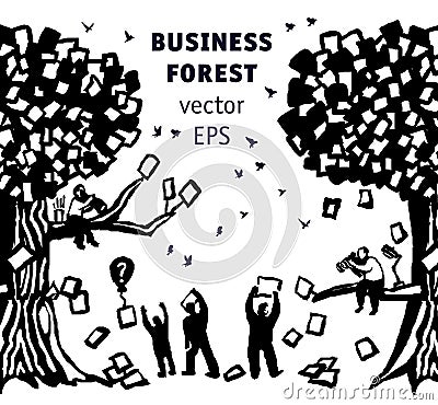Abstract business forest people and documents black and white silhouette Vector Illustration