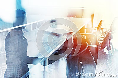 Abstract business handshake background with meeting room. Concept of partnership and teamwork. Double exposure Stock Photo