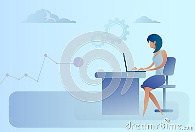 Abstract Business Woman Sitting At Office Desk Working Laptop Computer Vector Illustration