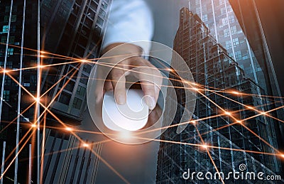 Abstract. Businessman using mouse connecting global network and data exchane Stock Photo