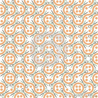 Abstract buttons, scissors, thread vector seamless pattern background. Truchet generative art style backdrop with sewing Stock Photo