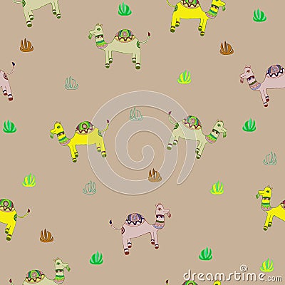 Abstract camels and desert grass seamless pattern, textile, surface design Stock Photo