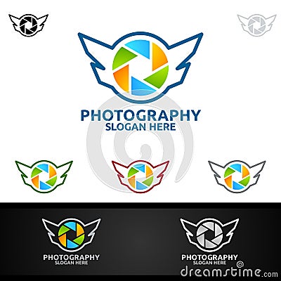 Fly Wing Camera Photography Logo Icon Vector Design Template Vector Illustration