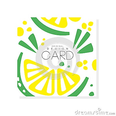 Abstract card with slices of juicy lime Healthy nutrition. Organic and tasty food. Tropical fruit. Eco product. Colorful Vector Illustration