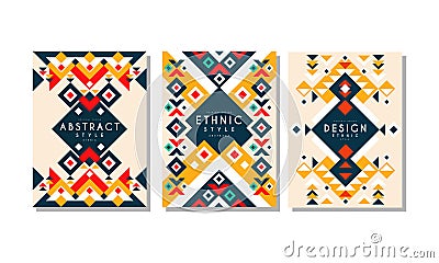 Abstract Cards with Colorful Ethnic Pattern Set, Flyer, Brochure Templates in Tribal Style Vector Illustration Vector Illustration