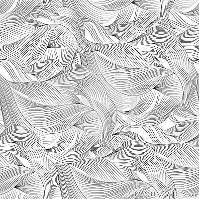 Abstract cartoon black white background, wallpaper. Doodle pattern sea waves, ocean, river, wind. Seamless texture Vector Illustration