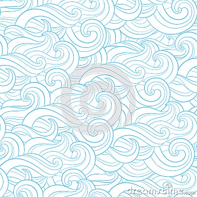 Abstract cartoon blue white background, wallpaper. Doodle pattern sea waves, ocean, river, wind. Seamless texture Vector Illustration