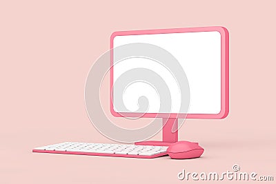 Abstract Cartoon Pink Desktop Computer with Mouse, Keyboard and Blank Screen for Your Design in Duotone Style. 3d Rendering Stock Photo