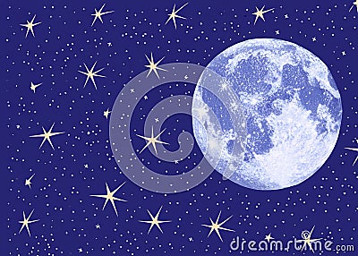 abstract cartoon style of blue night sky with stars and moon created with generative ai technology Cartoon Illustration