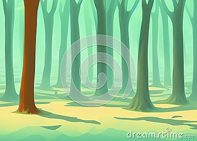 abstract cartoon style illustration of misty foggy forest created with generative ai technology Cartoon Illustration