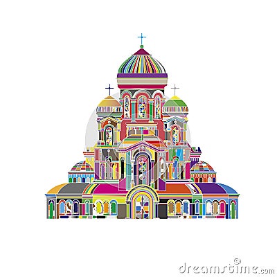 Abstract Cathedral orthodox church temple building landmark tourism world religions and famous structure traditional city. Cartoon Illustration