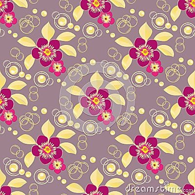 Abstract champagne bubbles and floral vector seamless pattern background. Fizzing circles arranged with gold and pink Vector Illustration