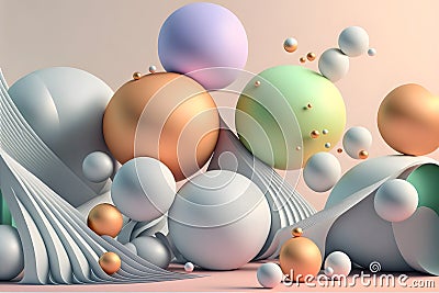 abstract chaotic light background design of random lines, spheres in pastel colors palette, neural network generated art Stock Photo