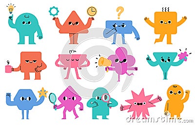 Abstract characters. Geometric comic creature emotions. Funny face business team avatar with magnifier, light bulb and Vector Illustration