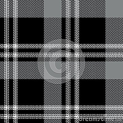 Abstract check plaid pattern in black, grey, white. Herringbone textured seamless Scottish tartan for scarf, flannel shirt. Vector Illustration