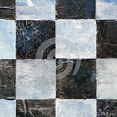 Abstract checkered pattern painted with acrylic or oil paints on canvas in black and white colors Stock Photo