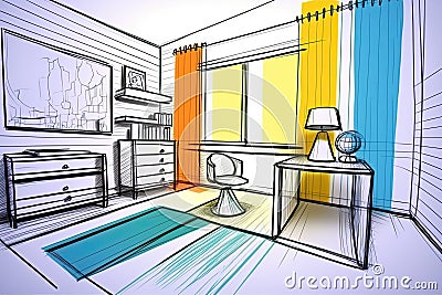 abstract child room pencil sketch with bold lines and vibrant colors Stock Photo