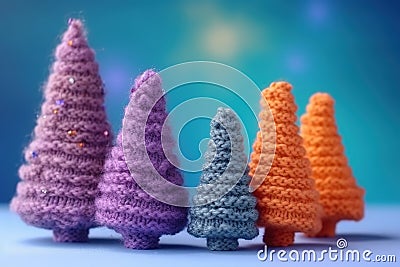 Abstract Christmas background with Christmas trees woven from knitting threads. Stock Photo