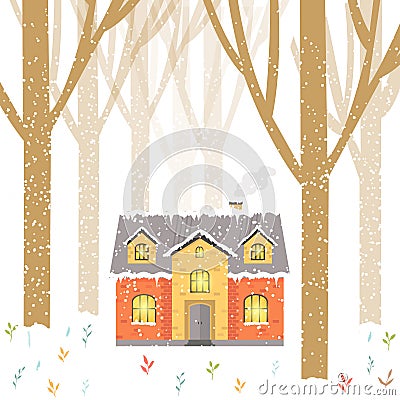 Abstract Christmas background with winter house, forest , letter Cartoon Illustration