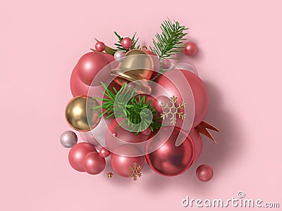 Abstract christmas ball-bell red pink gold metallic glossy reflection floating christmas holiday new year concept Stock Photo