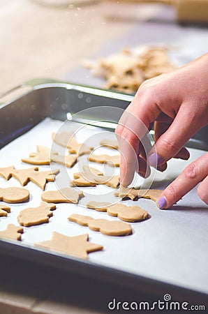 Abstract Christmas food background with cookies molds and flour. Baking Christmas cookies - table, cookie cutters and cookies. Stock Photo