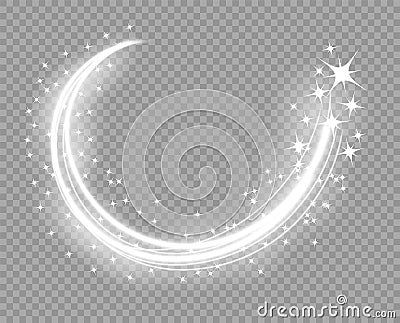 Abstract Christmas glowing lines with a train up. Falling dust particles. Magic glow comet. The lighting effect of the stars. Vector Illustration