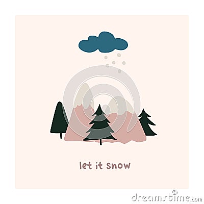 Abstract christmas greeting card with xmas tree, mountains, cloud snow Vector Illustration