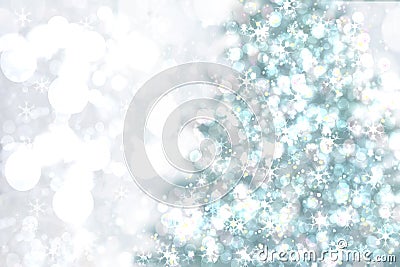 Abstract christmas tree bokeh background. Abstract blurred festive winter xmas backdrop texture with shiny silver and white Stock Photo