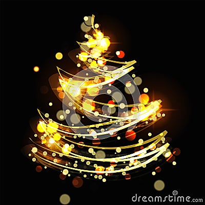 Abstract Christmas tree with bokeh effect. Festive postcard. Cartoon Illustration