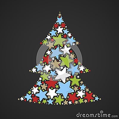 Abstract christmas tree made of multicolored stars on dark background Vector Illustration