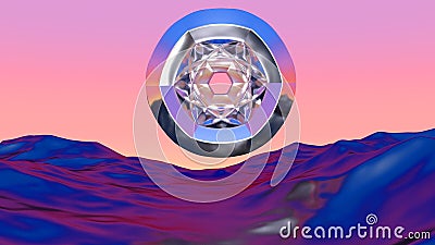 Abstract chrome shape over blue landscape in vaporwave sunset. Background with mysterious surreal shiny object. 3D Cartoon Illustration