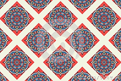 abstract circle blue and red mandala pattern dreamy vintage circular pattern ornament on cream Stock Photo