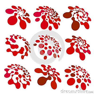 Abstract circle logotype set. Red dotted round isolated chem logo collection. Virus icon. Unusual sun. Flower symbol Vector Illustration