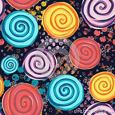 Abstract circle spiral shapes on black background seamless pattern. Red, yellow, purple, blue dots Stock Photo