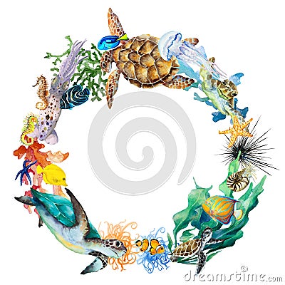 Abstract circle wreath of tropical reef fish, sea turtles, sea horses, jellyfish, squid, corals, anemones, algae, mollusk nautilus Cartoon Illustration