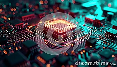 Abstract circuit cyberspace, Computer Ship Macro Photo, Electronic Chip, Motherboard Part, Generative Ai technology Stock Photo
