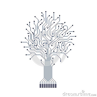 Abstract Circuit Tree Silhouette. Computer engineering hardware system. Technology design element. Vector Vector Illustration