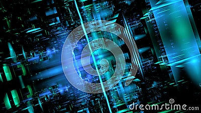 Abstract circuits and glow squares, luminous 3d objects, tilt-shift lenses, richly detailed backgrounds, symmetrical chaos, Stock Photo