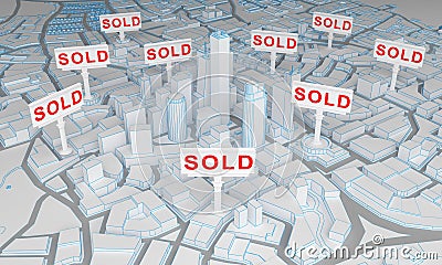 Abstract city with board with inscriptions sold Stock Photo