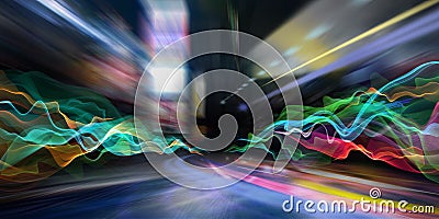 Abstract city lights and colored waves Stock Photo