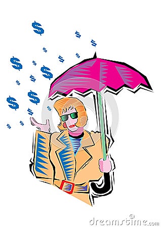 Abstract Clipart of Businesswoman with Umbrella Standing Under the Rain of Dollar Sign Vector Illustration