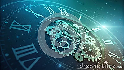 An abstract clock with gears made of light indicating the urgency of implementing new security measures in the quantum Stock Photo