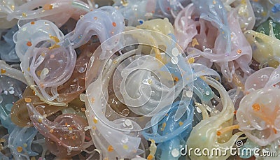 abstract close up of colorful translucent jelly like objects. vibrant tangled composition of glossy jelly objects. Stock Photo