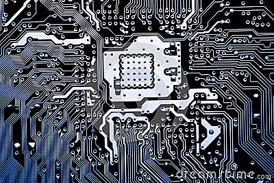 Abstract close up of Electronic Circuits in Technology on Mainboard computer background Stock Photo